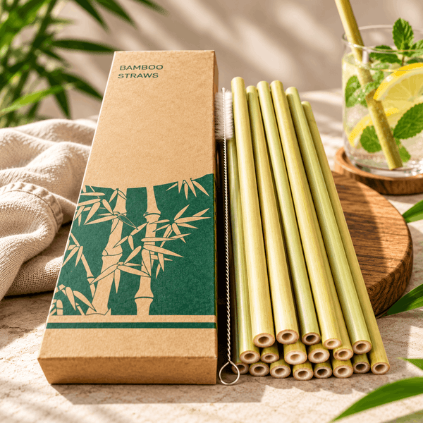 Bamboo straws lined up next to their kraft box and a cleaning brush