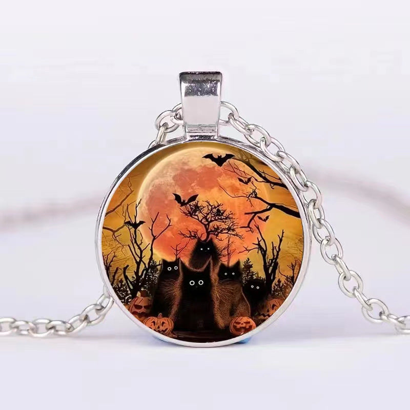 Halloween Round Pumpkin Ghost Bat Necklace