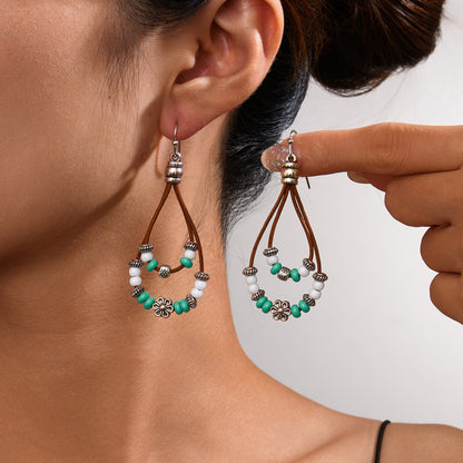 Vintage Ethnic Style Antique Silver Flower Turquoise Rope Earrings
