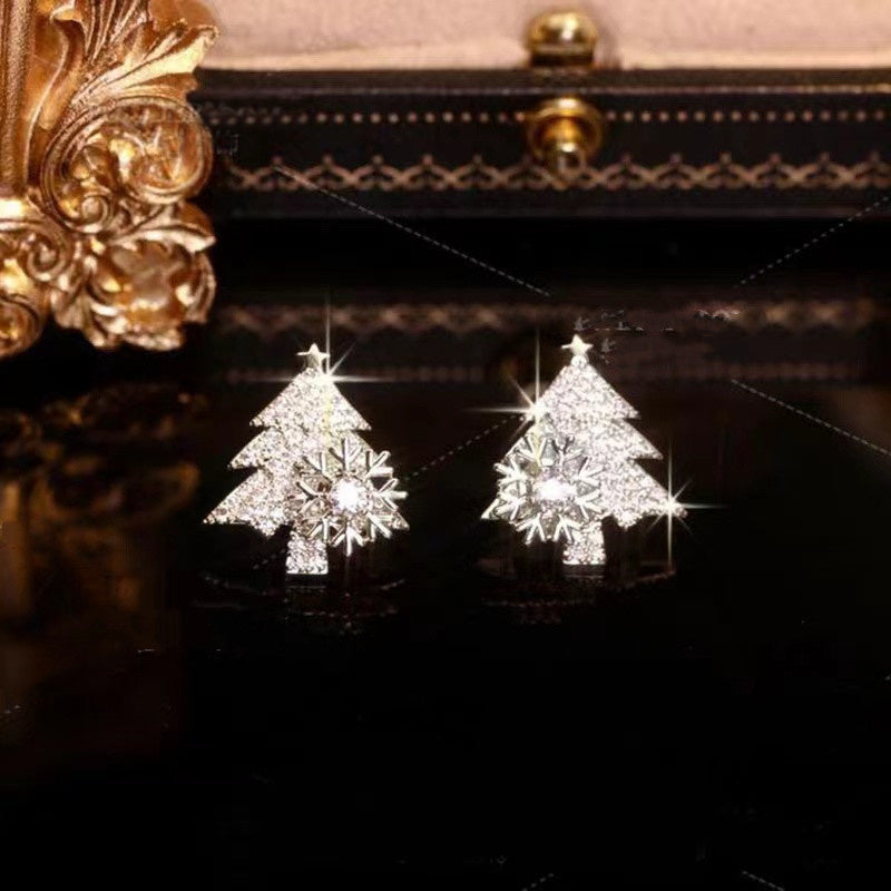 Rotatable Christmas Tree Shiny Rhinestone Snowflake Stud Earring