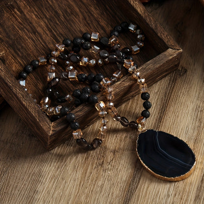 Bohemian Style 6mm Natural Stone Glass Knotted Striped Agate Water Drop Pendant Necklace