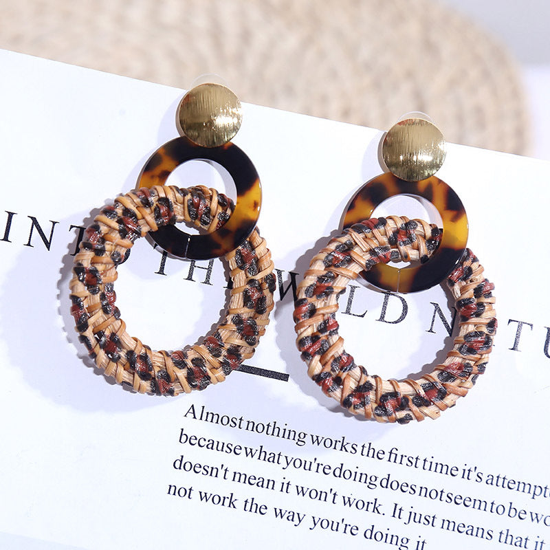 Wooden Rattan Geometric Multilayer Earrings