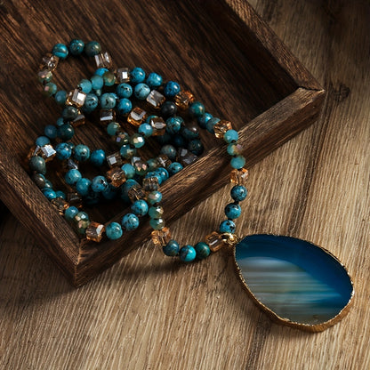Bohemian Style 6mm Natural Stone Glass Knotted Striped Agate Water Drop Pendant Necklace