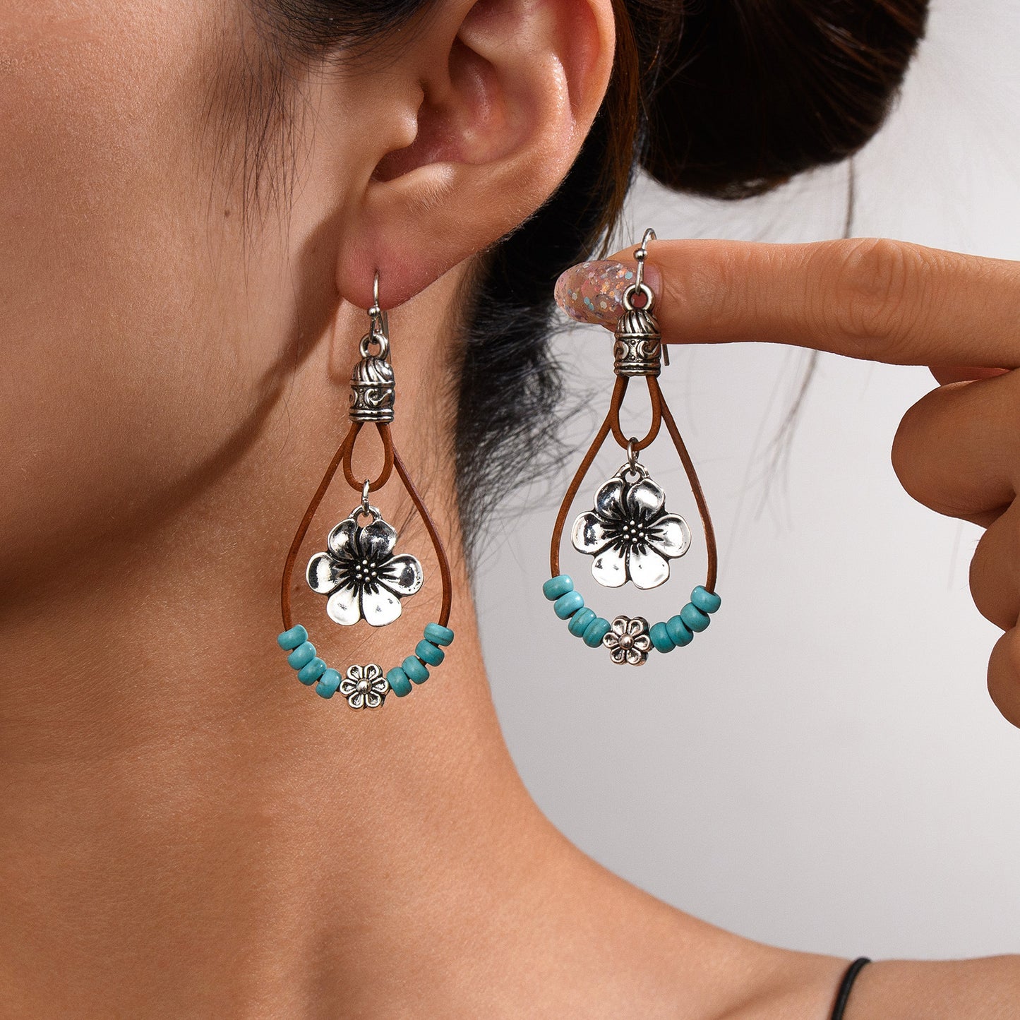 Vintage Ethnic Style Antique Silver Flower Turquoise Rope Earrings
