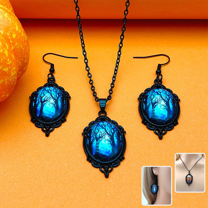 3pcs Vintage Halloween Tree Of Life And Witch Necklace With Earrings