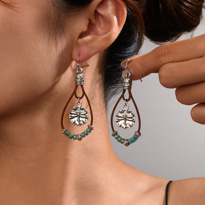 Vintage Ethnic Style Antique Silver Flower Turquoise Rope Earrings