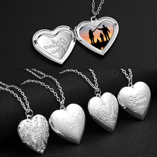 Carved Design Heart-shaped Photo Frame Pendant Necklace