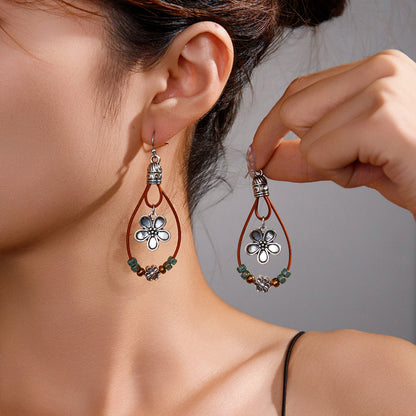 Vintage Ethnic Style Antique Silver Flower Turquoise Rope Earrings