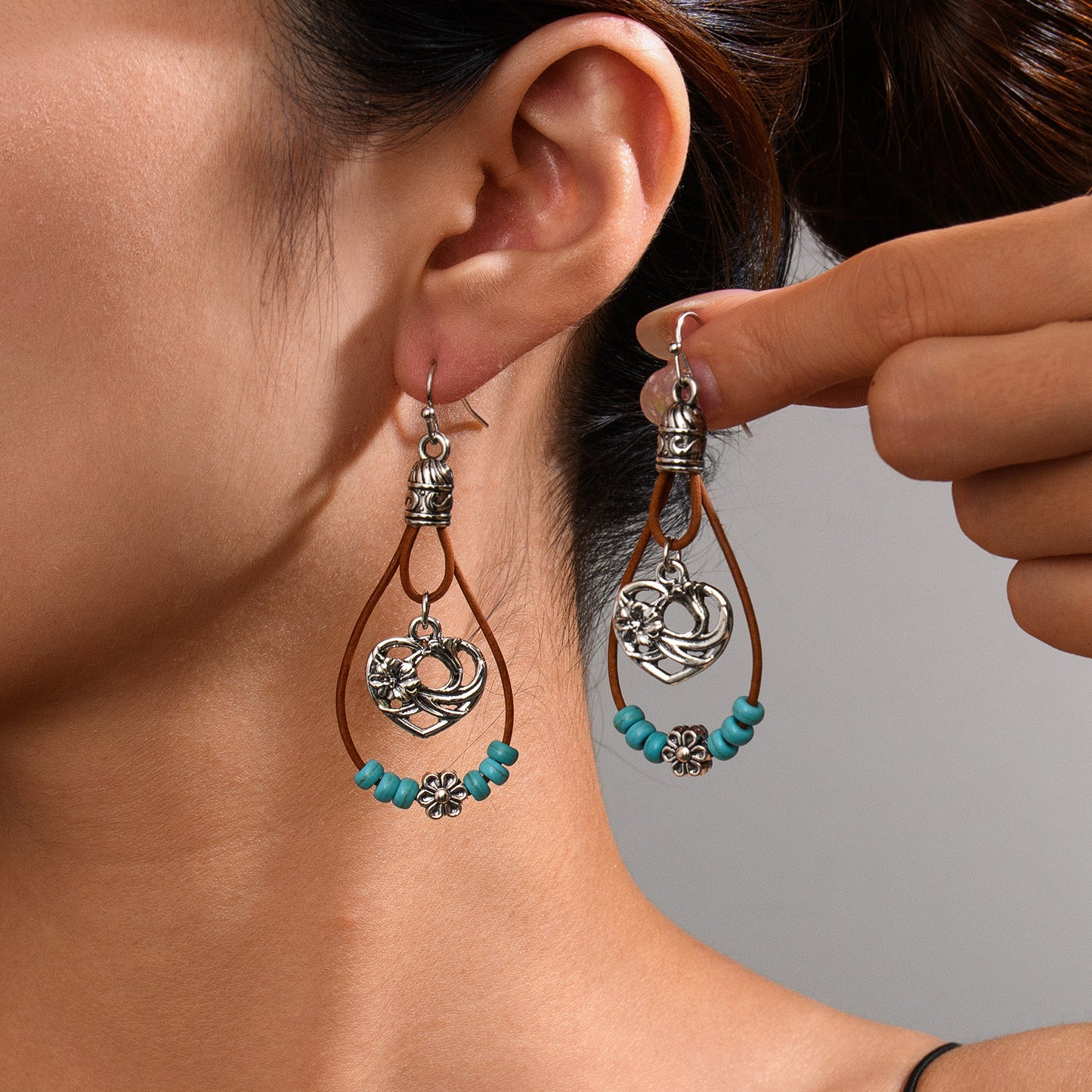 Vintage Ethnic Style Antique Silver Flower Turquoise Rope Earrings