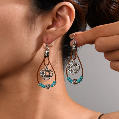 Vintage Ethnic Style Antique Silver Flower Turquoise Rope Earrings