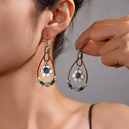 Vintage Ethnic Style Antique Silver Flower Turquoise Rope Earrings