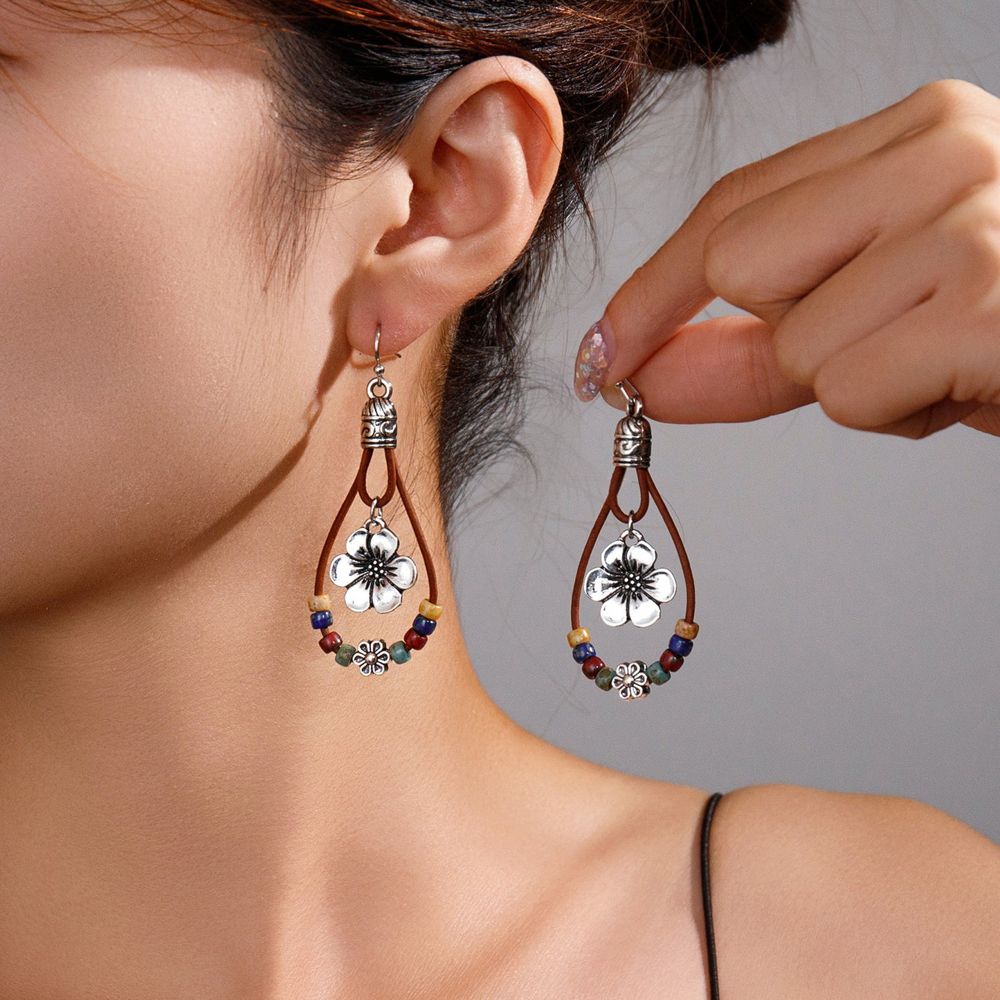 Vintage Ethnic Style Antique Silver Flower Turquoise Rope Earrings