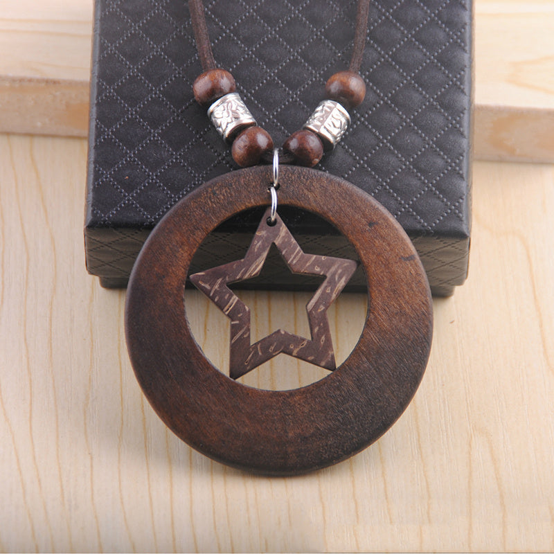 Wooden Jewelry Female Retro Ethnic Style Pendant Sweater Chain Necklace