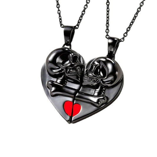 Halloween Heart-shaped Magnetic Stitching Love Skull Couple Necklace