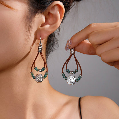 Vintage Ethnic Style Antique Silver Flower Turquoise Rope Earrings