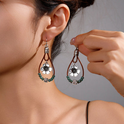 Vintage Ethnic Style Antique Silver Flower Turquoise Rope Earrings