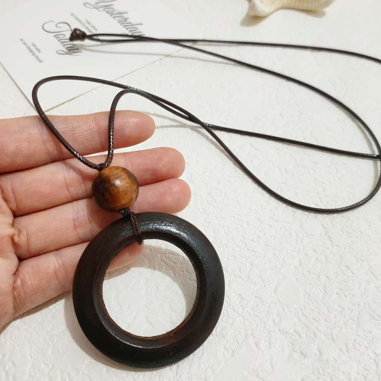 Wooden Love Ring Leather Rope Pendant Necklace
