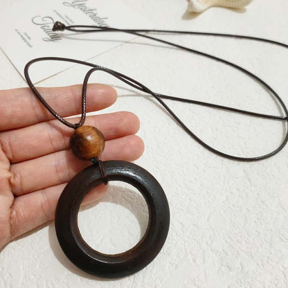 Wooden Love Ring Leather Rope Pendant Necklace