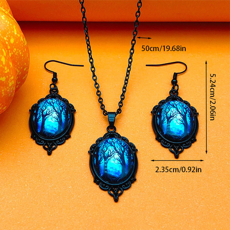 3pcs Vintage Halloween Tree Of Life And Witch Necklace With Earrings