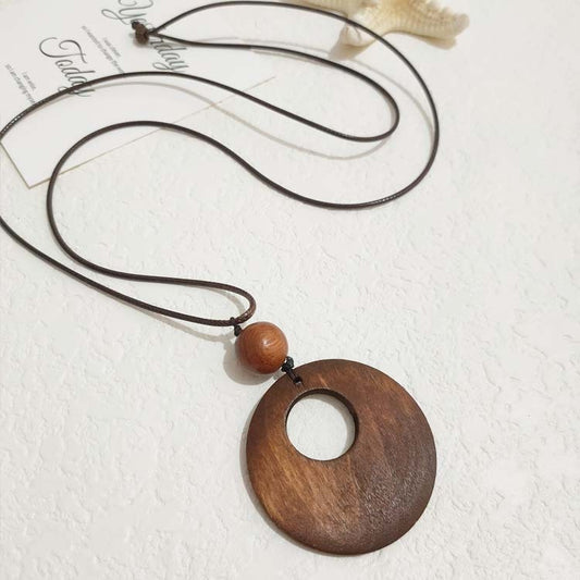Wooden Love Ring Leather Rope Pendant Necklace