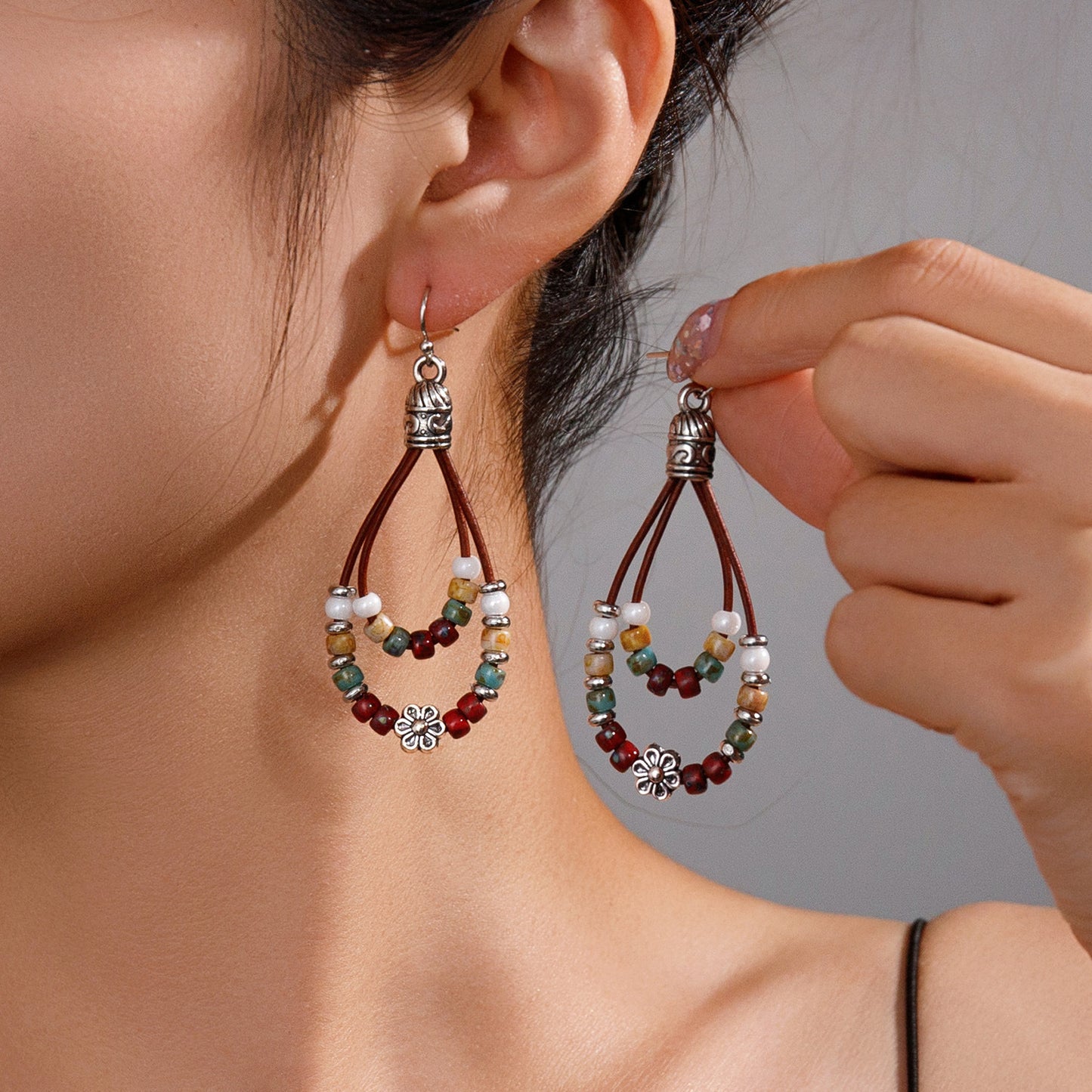 Vintage Ethnic Style Antique Silver Flower Turquoise Rope Earrings