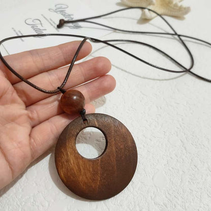 Wooden Love Ring Leather Rope Pendant Necklace
