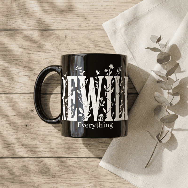 Black Floral 'Rewild Everything' Mug — 11oz & 15oz Ceramic Coffee Cup