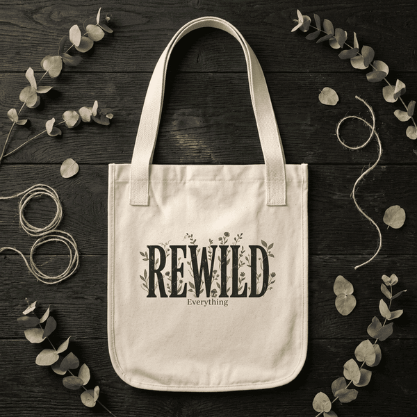 Natural canvas tote with a green REWILD print laid flat on a dark wooden surface among eucalyptus sprigs and twine