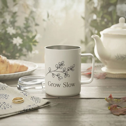 Insulated Coffee Mug — "Grow Slow" Minimal Botanical 10oz Travel Tumbler