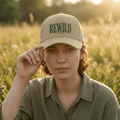 Rewild Everything Khaki Baseball Cap — Outdoor Nature, Conservation Hat
