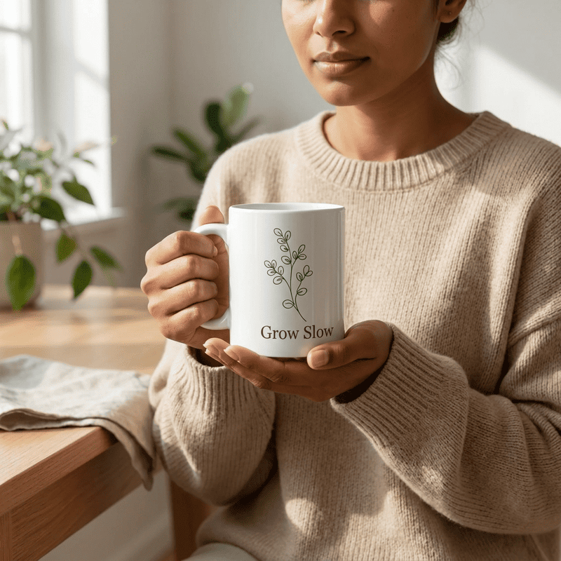 Grow Slow Plant Mug — Minimal Botanical 11oz Coffee Cup for Plant Lovers