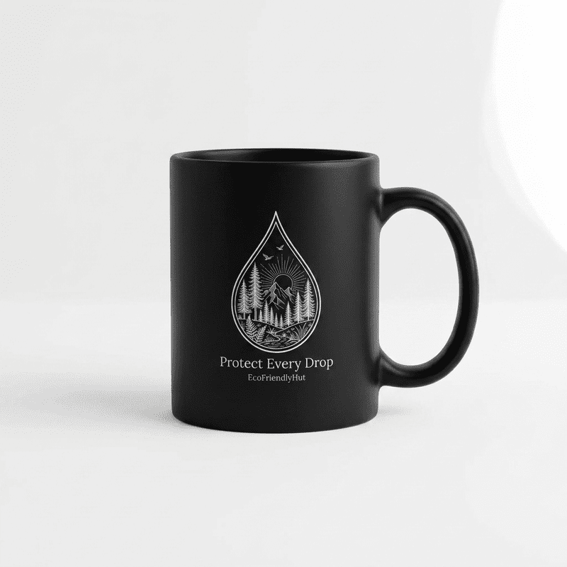 Protect Every Drop Black Mug – Eco-Friendly Water Conservation Coffee Cup