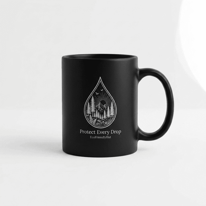 Protect Every Drop Black Mug – Eco-Friendly Water Conservation Coffee Cup