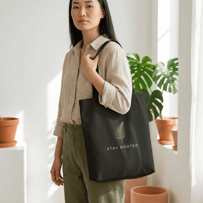 Stay Rooted Tote Bag — Minimal Fern Design Cotton Grocery & Market Bag