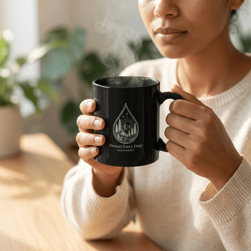 Protect Every Drop Black Mug – Eco-Friendly Water Conservation Coffee Cup