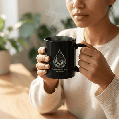 Protect Every Drop Black Mug – Eco-Friendly Water Conservation Coffee Cup