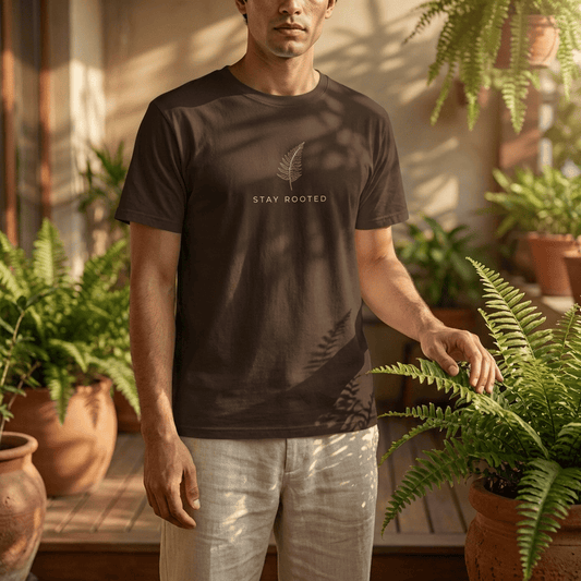Stay Rooted Organic T-Shirt — Minimal Leaf Graphic, Natural Lifestyle Tee