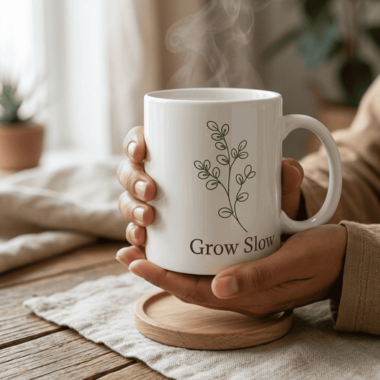 Grow Slow Plant Mug — Minimal Botanical 11oz Coffee Cup for Plant Lovers