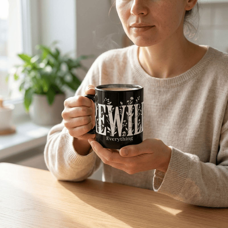 Black Floral 'Rewild Everything' Mug — 11oz & 15oz Ceramic Coffee Cup