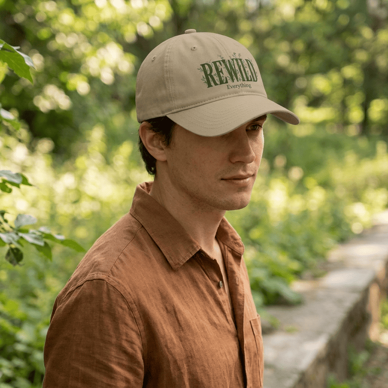 Rewild Everything Khaki Baseball Cap — Outdoor Nature, Conservation Hat
