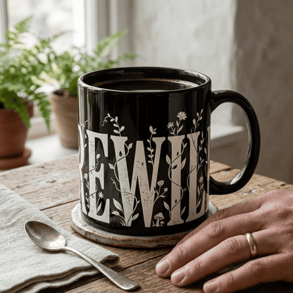 Black Floral 'Rewild Everything' Mug — 11oz & 15oz Ceramic Coffee Cup