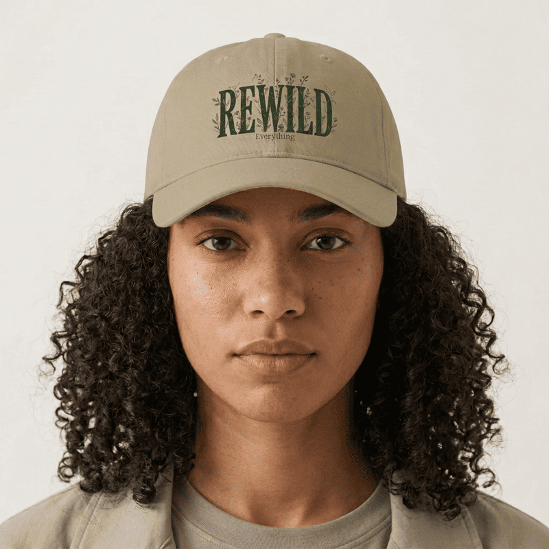 Rewild Everything Khaki Baseball Cap — Outdoor Nature, Conservation Hat