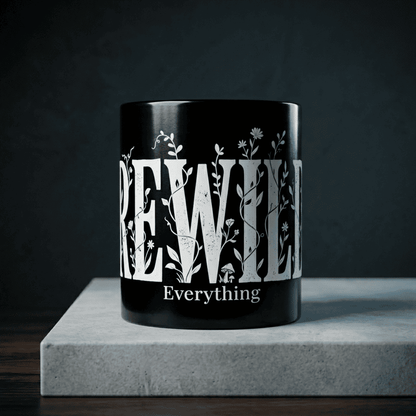 Black Floral 'Rewild Everything' Mug — 11oz & 15oz Ceramic Coffee Cup